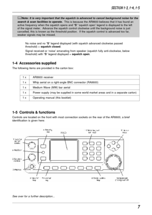 Page 77
&Note: It is very important that the squelch is advanced to cancel background noise for the
search & scan facilities to operate.
  This is because the AR8600 believes that it has found an
active frequency when the squelch opens and “S” ‘squelch open’ legend is displayed to the left
of the signal meter.  Advance the squelch control clockwise until the background noise is just
cancelled, this is known as the threshold position.  If the squelch control is advanced too far,
weaker signals may be missed.
No...