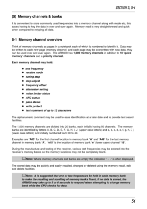 Page 151
(5)  Memory channels & banks
It is convenient to store commonly used frequencies into a memory channel along with mode etc, this
saves having to key the data in over and over again.  Memory read is very straightforward and quick
when compared to retyping all data.
5-1  Memory channel overview
Think of memory channels as pages in a notebook each of which is numbered to identify it.  Data may
be written to each new page (memory channel) and each page may be overwritten with new data, they
can be used...