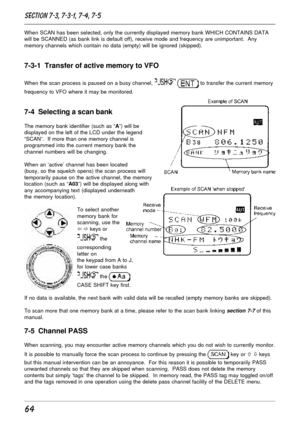 Page 1464
When SCAN has been selected, only the currently displayed memory bank WHICH CONTAINS DATA
will be SCANNED (as bank link is default off), receive mode and frequency are unimportant.  Any
memory channels which contain no data (empty) will be ignored (skipped).
7-3-1  Transfer of active memory to VFO
When the scan process is paused on a busy channel,   to transfer the current memory
frequency to VFO where it may be monitored.
7-4  Selecting a scan bank
The memory bank identifier (such as “A”) will be...