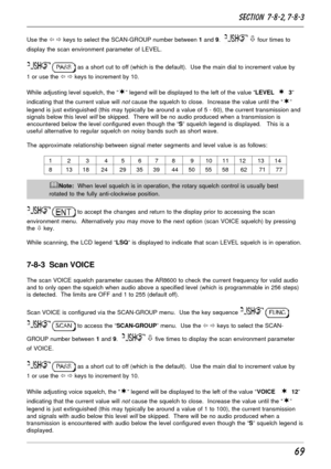 Page 1969
Use the ï ð keys to select the SCAN-GROUP number between 1 and 9.   ò four times to
display the scan environment parameter of LEVEL.
  as a short cut to off (which is the default).  Use the main dial to increment value by
1 or use the ï ð keys to increment by 10.
While adjusting level squelch, the “
¬” legend will be displayed to the left of the value “LEVEL  ¬  3”
indicating that the current value will 
not cause the squelch to close.  Increase the value until the “¬”
legend is just extinguished...