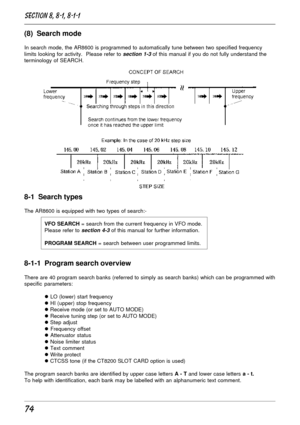 Page 2474
(8)  Search mode
In search mode, the AR8600 is programmed to automatically tune between two specified frequency
limits looking for activity.  Please refer to section 1-3 of this manual if you do not fully understand the
terminology of SEARCH.
8-1  Search types
The AR8600 is equipped with two types of search:-
VFO SEARCH = search from the current frequency in VFO mode.
Please refer to 
section 4-3 of this manual for further information.
PROGRAM SEARCH = search between user programmed limits.
8-1-1...