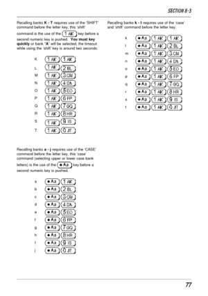 Page 2777
Recalling banks K - T requires use of the ‘SHIFT’
command before the letter key, this ‘shift’
command is the use of the 
 key before a
second numeric key is pushed.  You must key
quickly or bank “A” will be selected, the timeout
while using the ‘shift’ key is around two seconds:
K
 
L 
M 
N 
O 
P 
Q 
R 
S 
T 
Recalling banks a - j requires use of the ‘CASE’
command before the letter key, this ‘case’
command (selecting upper or lower case bank
letters) is the use of the 
 key before a
second numeric...