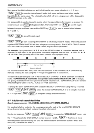 Page 3282
Next reverse highlight the letters you wish to link together as a group using the ï ð ñ ò keys,
  to mark the desired search banks, both upper and lower case letters may be
highlighted in the same group.  The selected banks (which will form a large group) will be displayed in
REVERSE contrast on the LCD.
It is also possible to use the keypad to quickly select the required banks for inclusion as a group, this
saves having to use 
 to toggle selection, The CASE SHIFT key  is used to toggle
between the...