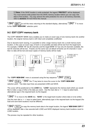 Page 3989
&Note: If the SAVE location is write protected, the legend “PROTECT” will be displayed.
You must remove write protect from the SAVE memory location before you can copy new
data to that location.  You may remove the write protection for one or all memory channels,
refer to 
sections 11-1 & 11-5 of this manual.
  to exit the menu returning to the standard display, alternatively  ò to move
to the “COPY MEM-BNK” selection point.
9-2  EDIT COPY memory bank
The COPY MEMORY BANK menu enables you to make an...