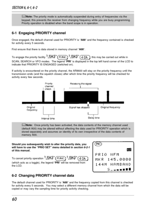 Page 1060
&Note: The priority mode is automatically suspended during entry of frequencies via the
keypad, this prevents the receiver from changing frequency while you are busy programming.
Priority operation is disabled when the band scope is in operation.
6-1  Engaging PRIORITY channel
Once engaged, the default channel used for PRIORITY is “A00” and the frequency contained is checked
for activity every 5 seconds.
First ensure that there is data stored in memory channel “A00”.
To engage the priority facility...