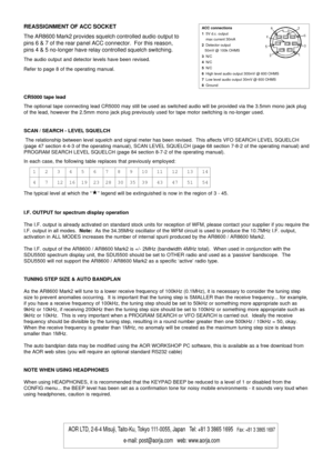 Page 2REASSIGNMENT OF ACC SOCKET
The AR8600 Mark2 provides squelch controlled audio output to
pins 6 & 7 of the rear panel ACC connector.  For this reason,
pins 4 & 5 no-longer have relay controlled squelch switching.
The audio output and detector levels have been revised.
Refer to page 8 of the operating manual.
CR5000 tape lead
The optional tape connecting lead CR5000 may still be used as switched audio will be provided via the 3.5mm mono jack plug
of the lead, however the 2.5mm mono jack plug previously...