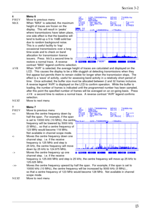 Page 1313
6 66 6
6Menu 6
PREVMove to previous menu
MAXWhen “MAX” is selected, the maximum
height of traces are frozen on the
display.  This will result in ‘peaks’
where transmissions have taken place,
one side effect is that the baseline will
tend to build-up a 5 to 10dB solid bar
due to random background noise.
This is a useful facility to ‘trap’
occasional transmissions over a long
time-scale and to check on band
allocation for transmission licence
issuers.  Press  MAX a second time to
restore a normal trace....