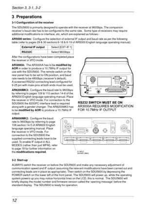 Page 1212
3  Preparations
3-1 Configuration of the receiver
The SDU5600 is primarily designed to operate with the receiver at 9600bps. The companion
receiver’s baud rate has to be configured to the same rate.  Some type of receivers may require
additional modifications or interface, etc, which are explained as follows:-
AR5000 series:  Configure the selection of external IF output and baud rate as per the following
table (refer to pages 29 & 30 sections 6-18 & 6-19 of AR5000 English language operating manual):...