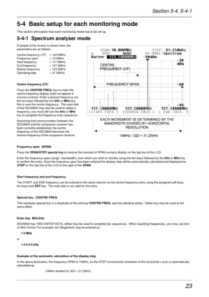 Page 2323
5-4  Basic setup for each monitoring mode
This section will explain how each monitoring mode has to be set up.
5-4-1  Spectrum analyser mode
Example of the screen is shown here, the
parameters are as follows:
Centre frequency (CF) =  122.5MHz
Frequency span =  10.0MHz
Start frequency =  117.5MHz
End frequency = 127.5MHz
Marker frequency =  123.5MHz
Operating step =  31.25kHz
Centre frequency (CF)
Press the CENTRE FREQ. key to make the
centre frequency display read-out appear in
reverse contrast. Enter...