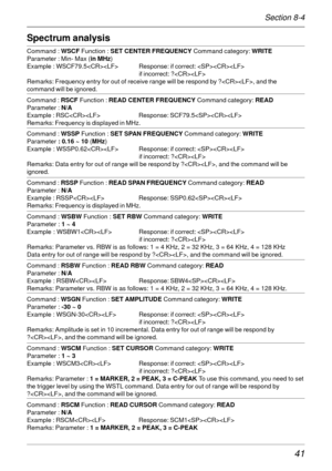 Page 4141
Spectrum analysis
Command : WSCF Function : SET CENTER FREQUENCY Command category: WRITE
Parameter : Min- Max (in MHz)
Example : WSCF79.5 Response: if correct: 
if incorrect: ?
Remarks: Frequency entry for out of receive range will be respond by ?, and the
command will be ignored.
Command : RSCF Function : READ CENTER FREQUENCY Command category: READ
Parameter : N/A
Example : RSC Response: SCF79.5
Remarks: Frequency is displayed in MHz.
Command : WSSP Function : SET SPAN FREQUENCY Command category:...