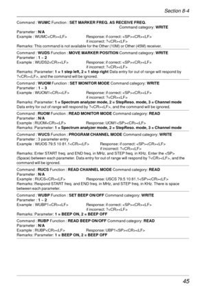 Page 4545
Command : WUMC Function : SET MARKER FREQ. AS RECEIVE FREQ.
     Command category: WRITE
Parameter : N/A
Example : WUMC Response: if correct: 
if incorrect: ?
Remarks: This command is not available for the Other (10M) or Other (45M) receiver.
Command : WUDS Function : MOVE MARKER POSITION Command category: WRITE
Parameter : 1 ~ 2
Example : WUDS2 Response: if correct: 
if incorrect: ?
Remarks: Parameter: 1 = 1 step left, 2 = 1 step right Data entry for out of range will respond by
?, and the command...