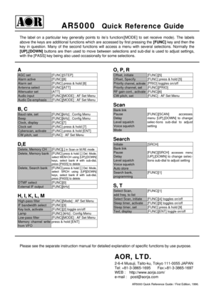 Page 1AR5000  Quick Reference GuideThe label on a particular key generally points to ite’s function([MODE] to set receive mode). The labels
above the keys are additional functions which are accessed by first pressing the [FUNC] key and then the
key in question. Many of the second functions will access a menu with several selections. Normally the
[UP],[DOWN] buttons are then used to move between selections and sub-dial is used to adjust settings,
with the [PASS] key being also used occasionally for some...