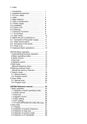 Page 2 
  4  Index 
 
1  Introduction .................................……….   1 
2  Supplied Accessories .........................….   1   
3  For your safety ...............................……..  1 
4  Index ........................................………….  3 
5  Major features ...............................………  6 
6  Care & maintenance ...........................…   8 
6.1 Power supply ................................…….  8 
6.2 Installation ................................………..  8 
6.3 Colour LCD...