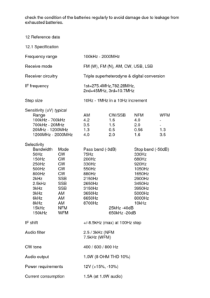 Page 42 
  check the condition of the batteries regularly to avoid damage due to leakage from 
exhausted batteries. 
 
 
12 Reference data 
 
12.1 Specification 
 
Frequency range    100kHz - 2000MHz 
 
Receive mode    FM (W), FM (N), AM, CW, USB, LSB 
 
Receiver circuitry   Triple superheterodyne & digital conversion 
 
IF frequency    1st=275.4MHz,782.28MHz,  
   2nd=45MHz, 3rd=10.7MHz 
 
Step size    10Hz - 1MHz in a 10Hz increment 
 
Sensitivity (uV) 
typical 
 Range    AM  CW/SSB  NFM  WFM 
 100kHz -...