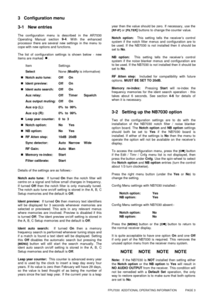 Page 3FPU7030  ADDITIONAL OPERATING INFORMATION           PAGE 3
3 Configuration menu
3-1 New entries
The configuration menu is described in the AR7030
Operating Manual section 9-4
. W ith the enhanced
processor there are several new settings in the menu to
cope with new options and functions.
The list of configuration settings is shown below - new
item s are m arked  „ .
Item Settings
SelectNone (Modify is informative)
„Notch auto tune: Off On
„Ident preview: Off On
„Ident auto search: Off On
Aux relay: Off...