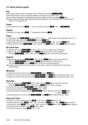 Page 4PAGE  4          AR7030 OPERATING MANUAL
2-3 Quick reference guide
Key
Buttons shown white on black are labelled on the front panel, for example  
Buttons shown black on grey are soft-keys labelled on the display, for example  
The spin-wheel is labelled on the display and shown with up/down arrows, for example  Gain
Soft keys shown with a bullet after the legend operate as toggles (on / off). The bullet shows the current state -
solid for on and hollow for off.
Power
To turn the receiver on, press To...