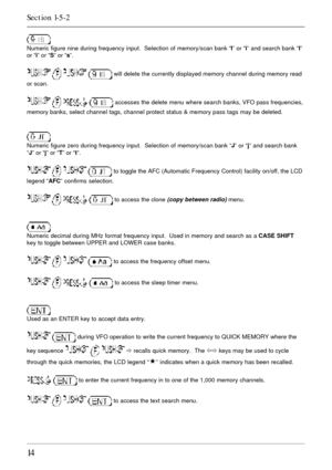 Page 1414
Numeric figure nine during frequency input.  Selection of memory/scan bank “I” or “i” and search bank “I”
or “i” or “S” or “s”.
    will delete the currently displayed memory channel during memory read
or scan.
    accesses the delete menu where search banks, VFO pass frequencies,
memory banks, select channel tags, channel protect status & memory pass tags may be deleted.
Numeric figure zero during frequency input.  Selection of memory/scan bank “J” or “j” and search bank
“J” or “j” or “T” or “t”....