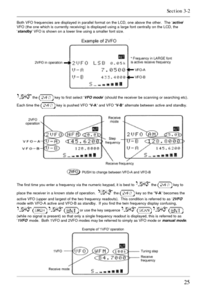 Page 2525
Both VFO frequencies are displayed in parallel format on the LCD, one above the other.  The ‘active’
VFO (the one which is currently receiving) is displayed using a large font centrally on the LCD, the
‘
standby’ VFO is shown on a lower line using a smaller font size.
 the  key to first select ‘VFO mode’ (should the receiver be scanning or searching etc).
Each time the 
 key is pushed VFO “V-A” and VFO “V-B” alternate between active and standby.
The first time you enter a frequency via the numeric...