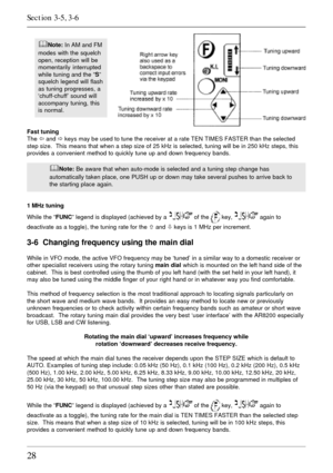 Page 2828
&Note: In AM and FM
modes with the squelch
open, reception will be
momentarily interrupted
while tuning and the “S”
squelch legend will flash
as tuning progresses, a
‘chuff-chuff’ sound will
accompany tuning, this
is normal.
Fast tuning
The ï and ð keys may be used to tune the receiver at a rate TEN TIMES FASTER than the selected
step size.  This means that when a step size of 25 kHz is selected, tuning will be in 250 kHz steps, this
provides a convenient method to quickly tune up and down frequency...
