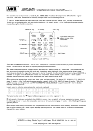 Page 1AR8200 SERIES II - hand portable radio receiver ADDENDUM (paperwork V1.0)
Due to continuous development of our products, the AR8200 SERIES II has been developed which differs from the original
AR8200 in a few areas, please note the following changes to the AR8200 operating manual:
1  The front ‘ten-key’ keypad has been rearranged in line with customer requests placing the ‘0’ zero key underneath the
‘8’ eight key as standard practice with push button telephones.  On page 9 section 1-5-1 of the English...