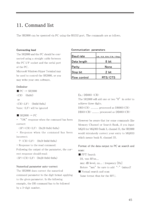 Page 4445
Baud rate9. 6k,  19. 2k,  38. 4k,  57. 6k,  115kbps
Data length 8 bit
Parity Non e
Stop bit 2 bit
Flow control RTS/CTS 