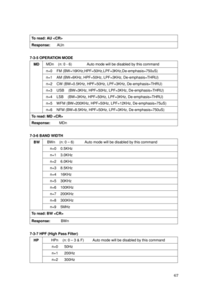 Page 68 67 
To read: AU  
Response:   AUn 
 
7-3-5 OPERATION MODE 
MDn    (n: 0 - 6)              Auto mode will be disabled by this command 
n=0    FM (BW=16KHz,HPF=50Hz,LPF=3KHz,De-emphasis=750uS)   
n=1    AM (BW=6KHz, HPF=50Hz, LPF=3KHz, De-emphasis=THRU) 
n=2    CW (BW=0.5KHz, HPF=50Hz, LPF=3KHz, De-emphasis=THRU) 
n=3    USB    (BW=3KHz, HPF=50Hz, LPF=3KHz, De-emphasis=THRU) 
n=4    LSB    (BW=3KHz, HPF=50Hz, LPF=3KHz, De-emphasis=THRU) 
n=5    WFM (BW=200KHz, HPF=50Hz, LPF=12KHz, De-emphasis=75uS) 
 MD...