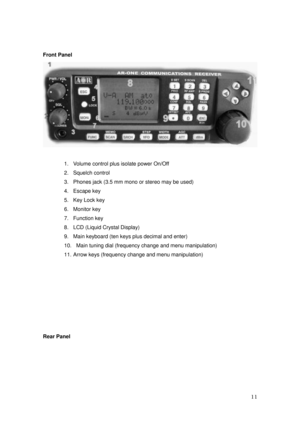 Page 12 11 
Front Panel 
 
 
1.  Volume control plus isolate power On/Off 
2. Squelch control  
3.  Phones jack (3.5 mm mono or stereo may be used) 
4. Escape key 
5. Key Lock key 
6. Monitor key 
7.  Function key 
8.  LCD (Liquid Crystal Display) 
9.  Main keyboard (ten keys plus decimal and enter) 
10.   Main tuning dial (frequency change and menu manipulation) 
11. Arrow keys (frequency change and menu manipulation) 
 
 
 
 
 
 
 
 
Rear Panel 
  
