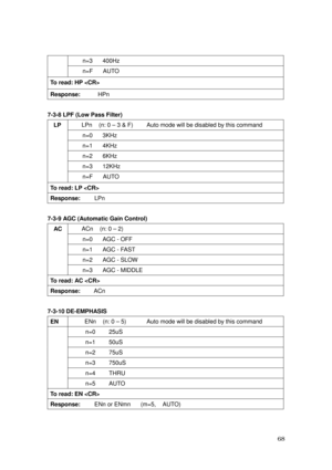 Page 69 68 
n=3   400Hz  
n=F   AUTO 
To read: HP  
Response:     HPn   
 
7-3-8 LPF (Low Pass Filter) 
LPn    (n: 0 – 3 & F)        Auto mode will be disabled by this command 
n=0   3KHz 
n=1   4KHz 
n=2   6KHz 
n=3   12KHz 
 LP 
n=F   AUTO 
To read: LP  
Response:    LPn   
 
7-3-9 AGC (Automatic Gain Control) 
ACn    (n: 0 – 2)     
n=0   AGC - OFF 
n=1   AGC - FAST 
n=2   AGC - SLOW 
 AC 
 
 
 
 
n=3   AGC - MIDDLE 
To read: AC  
Response:    ACn 
 
7-3-10 DE-EMPHASIS 
EN ENn    (n: 0 – 5)            Auto...