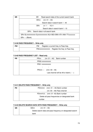 Page 76 75 
SR      Read search data of the current search bank 
SRnn   (nn: 01 – 40)   
Search data in search bank 1 - 40 
SRn    (n: 1 -  10) 4 
            Search data in search bank 1- 10 
SR%    Search data in all search bank 
SR 
 
  SRn SLnnnnnnnnnn Sunnnnnnnnnn AUn MDn BWn ATn AMn TTxxxxxxxx         
SRn --- (Blank) 
 
7-3-39 PASS FREQUENCY – Write only 
PW      Register a current freq. to Pass freq. 
PW 
  
PWnnnnnnnnnnnn    Register the freq. to Pass freq. 
 
7-3-40 PASS FREQUENCY LIST – Read only...