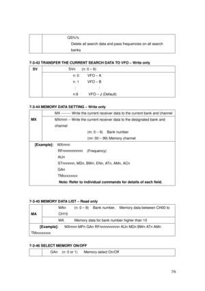 Page 77 76 
 QS%%  
Delete all search data and pass frequencies on all search 
banks 
 
7-3-43 TRANSFER THE CURRENT SEARCH DATA TO VFO – Write only 
SVn      (n: 0 – 9)     
SV 
 
 
 
 n: 0        VFO – A 
n: 1        VFO – B 
:           : 
n:9     VFO – J (Default) 
  
7-3-44 MEMORY DATA SETTING – Write only 
MX -------- Write the current receiver data to the current bank and channel   
  
MX 
 
 
 MXmnn -- Write the current receiver data to the designated bank and 
channel 
(m: 0 – 9)    Bank number 
(nn: 00...