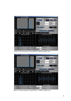 Page 21          21
 
 
                  Mode A CW demodulation using BFO for 800 Hz audible tone.  
 
 
                Mode A CW demodulation using BFO for 1.100 Hz audible tone.  
    