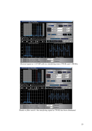 Page 23          23
 
 
                      Desired signal at 1.125 HZ with two interfering tones (750 Hz and 1.500 Hz).  
 
 
                      Thanks to filter notch 1 the interfering signal at 750 Hz has been eliminated.  
      