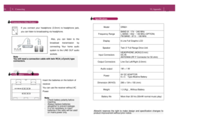 Page 9  Specifications 
  Connecting to Other Product Also, you can listen to the
broadcast transmission by connecting Your home audio system to the LINE OUT audio sockets. If you connect your headphone (3.5mm) to headphone jack,
you can listen to broadcasting via headphone.  Note You will need a connection cable with twin RCA (=Cynch) type connectors. Model DR601 Frequency Range BAND III : 174 ~ 240 MHz 
L-BAND: 1452 ~ 149 MHz (OPTION) 
FM BAND : 87.5 ~ 108 MHz Display 6 Line Full Graphic LCD Speaker Twin 3”...