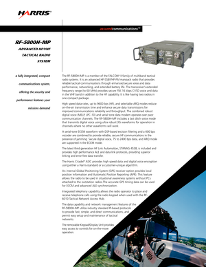 Page 1The RF5800HMP is a member of the FALCON®II family of multiband tactical
radio systems. It is an advanced HFSSB/VHFFM manpack radio that provides
reliable tactical communications through enhanced secure voice and data
performance, networking, and extended battery life. The transceiver’s extended
frequency range (to 60 MHz) provides secure FSK 16 kbps CVSD voice and data
in the VHF band in addition to the HF capability. It is like having two radios inone compact package.
High speed data rates, up to 9600...
