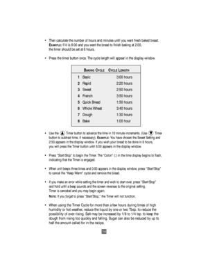 Page 1414
¥ Then calculate the number of hours and minutes until you want fresh baked bread.
E
XAMPLE:If it is 8:00 and you want the bread to finish baking at 2:00,
the timer should be set at 6 hours.
¥ Press the timer button once. The cycle length will appear in the display window.
¥Use the        Timer button to advance the time in 10 minute increments. (Use       Timer
button to subtract time, if necessary). E
XAMPLE:You have chosen the Sweet Setting and
2:50 appears in the display window. If you wish your...