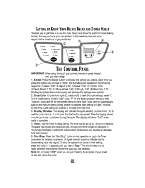 Page 1010
GETTING TOKNOWYOURDELUXEBREAD ANDDOUGHMAKER
The best way to get there is to use this map. Soon youÕll know the electronic bread-baking
territory the way you know your own kitchen. In the meantime, here are some
easy-to-follow directions to get you started.
THECONTROLPANEL
IMPORTANT:When using the touch pad controls, be sure to press the pad
until you hear a beep.
1. Select.
Press the Select button to choose the setting you desire. Each time you
press 
the button you will hear a ÒbeepÓ and the setting...