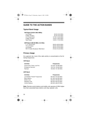 Page 3030
GUIDE TO THE ACTION BANDS
Typical Band Usage
Primary Usage
As a general rule, most of the radio activity is concentrated on the fol-
lowing frequencies:
VHF Band
UHF Band
Note:
 Remote control stations and mobile units operate at 5 MHz higher
than their associated base stations and relay repeater units.VHF Band (30.00–300.0 MHz)
Low Range 29.00–50.00 MHz
6-Meter Amateur 50.00–54.00 MHz
U.S. Government 137.00–144.00 MHz
2-Meter Amateur 144.00–148.00 MHz
High Range 148.00–174.00 MHz
UHF Band (300.00...