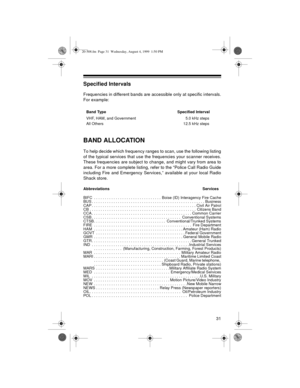 Page 3131
Specified Intervals
Frequencies in different bands are accessible only at specific intervals.
For example:
BAND ALLOCATION
To help decide which frequency ranges to scan, use the following listing
of the typical services that use the frequencies your scanner receives.
These frequencies are subject to change, and might vary from area to
area. For a more complete listing, refer to the “Police Call Radio Guide
including Fire and Emergency Services,” available at your local Radio
Shack store.
Abbreviations...