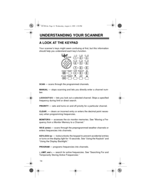 Page 1414
UNDERSTANDING YOUR SCANNER
A LOOK AT THE KEYPAD
Your scanner’s keys might seem confusing at first, but this information
should help you understand each key’s function.
SCAN — scans through the programmed channels.
MANUAL — stops scanning and lets you directly enter a channel num-
ber.
LOCKOUT/S/S — lets you lock out a selected channel. Skips a specified
frequency during limit or direct search.
PRIORITY — sets and turns on and off priority for a particular channel.
CLEAR/. 
— clears an incorrect entry...