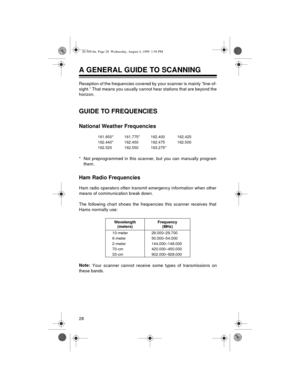 Page 2828
A GENERAL GUIDE TO SCANNING
Reception of the frequencies covered by your scanner is mainly “line-of-
sight.” That means you usually cannot hear stations that are beyond the
horizon.
GUIDE TO FREQUENCIES
National Weather Frequencies
* Not preprogrammed in this scanner, but you can manually program
them.
Ham Radio Frequencies
Ham radio operators often transmit emergency information when other
means of communication break down.
The following chart shows the frequencies this scanner receives that
Hams...