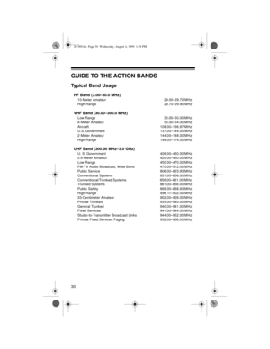 Page 3030
GUIDE TO THE ACTION BANDS
Typical Band Usage
HF Band (3.00–30.0 MHz)
10-Meter Amateur  29.00–29.70 MHz
High Range 29.70–29.90 MHz
VHF Band (30.00–300.0 MHz)
Low Range 30.00–50.00 MHz
6-Meter Amateur 50.00–54.00 MHz
Aircraft 108.00–136.97 MHz
U.S. Government 137.00–144.00 MHz
2-Meter Amateur 144.00–148.00 MHz
High Range 148.00–174.00 MHz
UHF Band (300.00 MHz–3.0 GHz)
U. S. Government 406.00–450.00 MHz
0.6-Meter Amateur 420.00–450.00 MHz
Low Range 450.00–470.00 MHz
FM-TV Audio Broadcast, Wide Band...