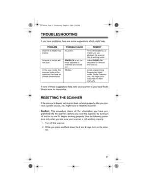 Page 3737
TROUBLESHOOTING
If you have problems, here are some suggestions which might help.
If none of these suggestions help, take your scanner to your local Radio
Shack store for assistance.
RESETTING THE SCANNER
If the scanner’s display locks up or does not work properly after you con-
nect a power source, you might have to reset the scanner.
Caution:
 This procedure clears all the information you have pro-
grammed into the scanner. Before you reset the scanner, try turning it
off and on to see if it begins...