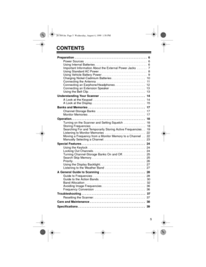 Page 55
CONTENTS
Preparation  . . . . . . . . . . . . . . . . . . . . . . . . . . . . . . . . . . . . . . . . . . .  6
Power Sources  . . . . . . . . . . . . . . . . . . . . . . . . . . . . . . . . . . . . .  6
Using Internal Batteries . . . . . . . . . . . . . . . . . . . . . . . . . . . . . . .   6
Important Information About the External Power Jacks  . . . . . .   7
Using Standard AC Power. . . . . . . . . . . . . . . . . . . . . . . . . . . . .   8
Using Vehicle Battery Power . . . . . . . . . . . . . . ....