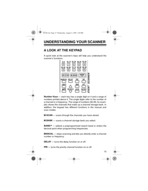 Page 1515
UNDERSTANDING YOUR SCANNER 
A LOOK AT THE KEYPAD
A quick look at the scanner’s keys will help you understand the
scanner’s functions.
Number Keys 
— each key has a single digit on it and a range of
numbers printed above it. The single digits refer to the number of
a channel or a frequency. The range of numbers (80-89, for exam-
ple) shows the channels that make up a channel storage bank. In
addition, the keypad has different functions in the manual and
scan modes.
M.SCAN 
— scans through the channels...