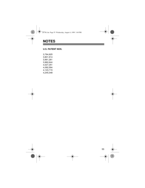 Page 5555
NOTES
U.S. PATENT NOS.
3,794,925
3,801,914
3,961,261
3,962,644
4,027,251
4,092,594
4,123,715
4,245,348
20-561.fm  Page 55  Wednesday, August 4, 1999  3:48 PM 