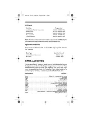 Page 3131
UHF Band
Note: Remote control stations and mobile units operate at 5 MHz higher
than their associated base stations and relay repeater units.
Specified Intervals
Frequencies in different bands are accessible only at specific intervals.
For example:
BAND ALLOCATION
To help decide which frequency ranges to scan, use the following listing of
the typical services that use the frequencies your scanner receives. These
frequencies are subject to change, and might vary from area to area. For a
more complete...