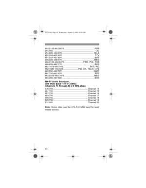 Page 4444
453.0125–453.9875 ...................................................PUB
454.000 ....................................................................... OIL
454.025–454.975 ..................................................... TELB
455.050–455.925 ....................................................... RTV
457.525–457.600 .......................................................BUS
458.025–458.175 ...................................................... MED
460.0125–460.6375...