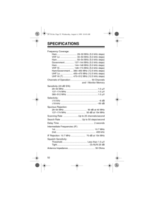 Page 5252
SPECIFICATIONS
Frequency Coverage:
Ham ............................... 29–30 MHz (5.0 kHz steps)
VHF Lo .......................... 30–50 MHz (5.0 kHz steps)
Ham ............................... 50–54 MHz (5.0 kHz steps)
Government ............... 137–144 MHz (5.0 kHz steps)
Ham ........................... 144–148 MHz (5.0 kHz steps)
VHF Hi ....................... 148–174 MHz (5.0 kHz steps)
Ham/Government .... 380–450 MHz (12.5 kHz steps)
UHF Lo .................... 450–470 MHz (12.5 kHz steps)
UHF Hi...