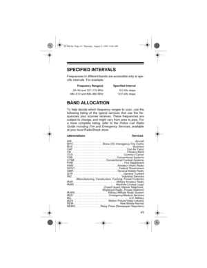 Page 4343
SPECIFIED INTERVALS
Frequencies in different bands are accessible only at spe-
cific intervals. For example:
BAND ALLOCATION
To help decide which frequency ranges to scan, use the
following listing of the typical services that use the fre-
quencies your scanner receives. These frequencies are
subject to change, and might vary from area to area. For
a more complete listing, refer to the 
Police Call Radio
Guide including Fire and Emergency Services, available
at your local RadioShack store....