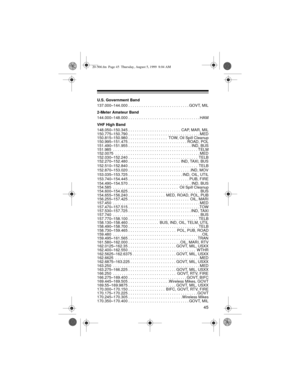 Page 4545
U.S. Government Band
137.000–144.000 . . . . . . . . . . . . . . . . . . . . . . . . . . . . GOVT, MIL
2-Meter Amateur Band
144.000–148.000 . . . . . . . . . . . . . . . . . . . . . . . . . . . . . . . . . HAM
VHF High Band
148.050–150.345 . . . . . . . . . . . . . . . . . . . . . . . .  CAP, MAR, MIL
150.775–150.790 . . . . . . . . . . . . . . . . . . . . . . . . . . . . . . . . . MED
150.815–150.980 . . . . . . . . . . . . . . . . . .  TOW, Oil Spill Cleanup
150.995–151.475 . . . . . . . . . . . . ....